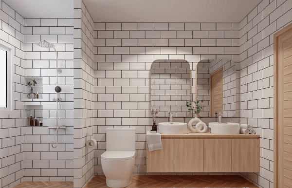 white thyme bathroom with wooden flooring