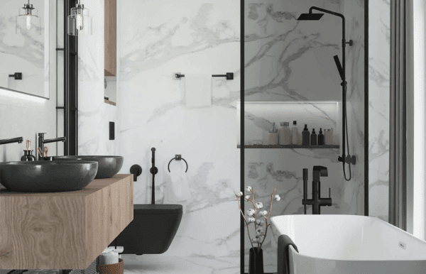 Bathroom interior with marble walls remodeling