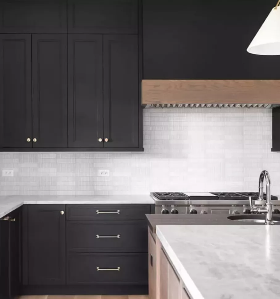 A kitchen with sleek black cabinets