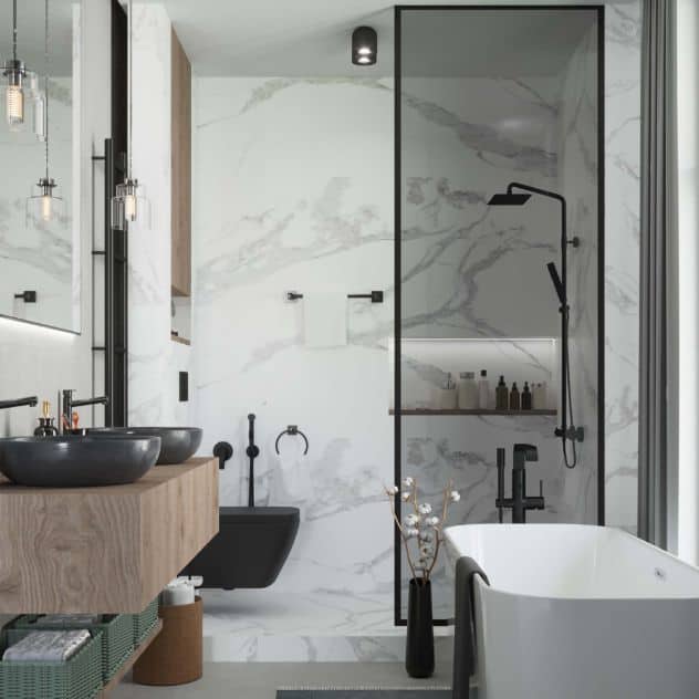 A contemporary bathroom with elegant marble walls and flooring.