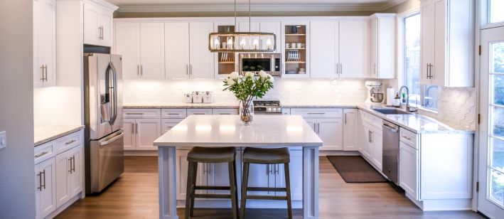 A pristine kitchen with white cabinets